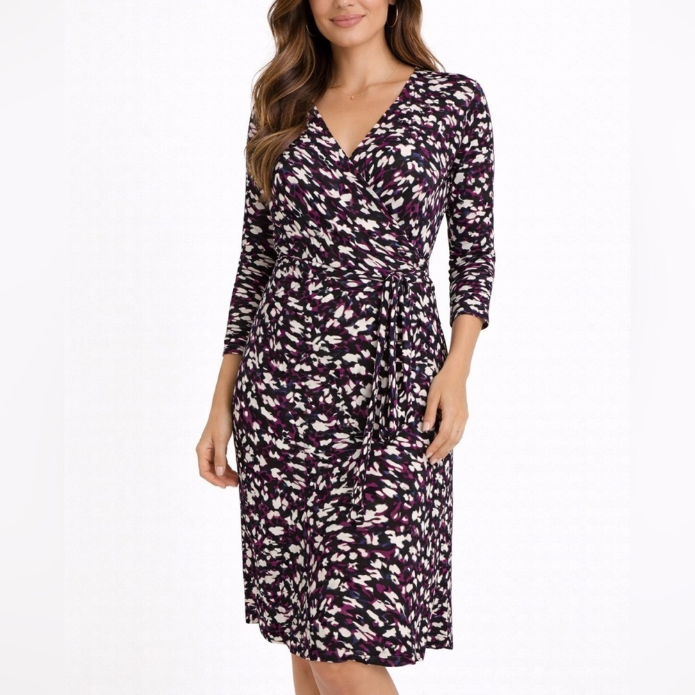 L.K. Bennett Black Magenta Jersey Wrap Dress 3/4 Sleeve Size 6